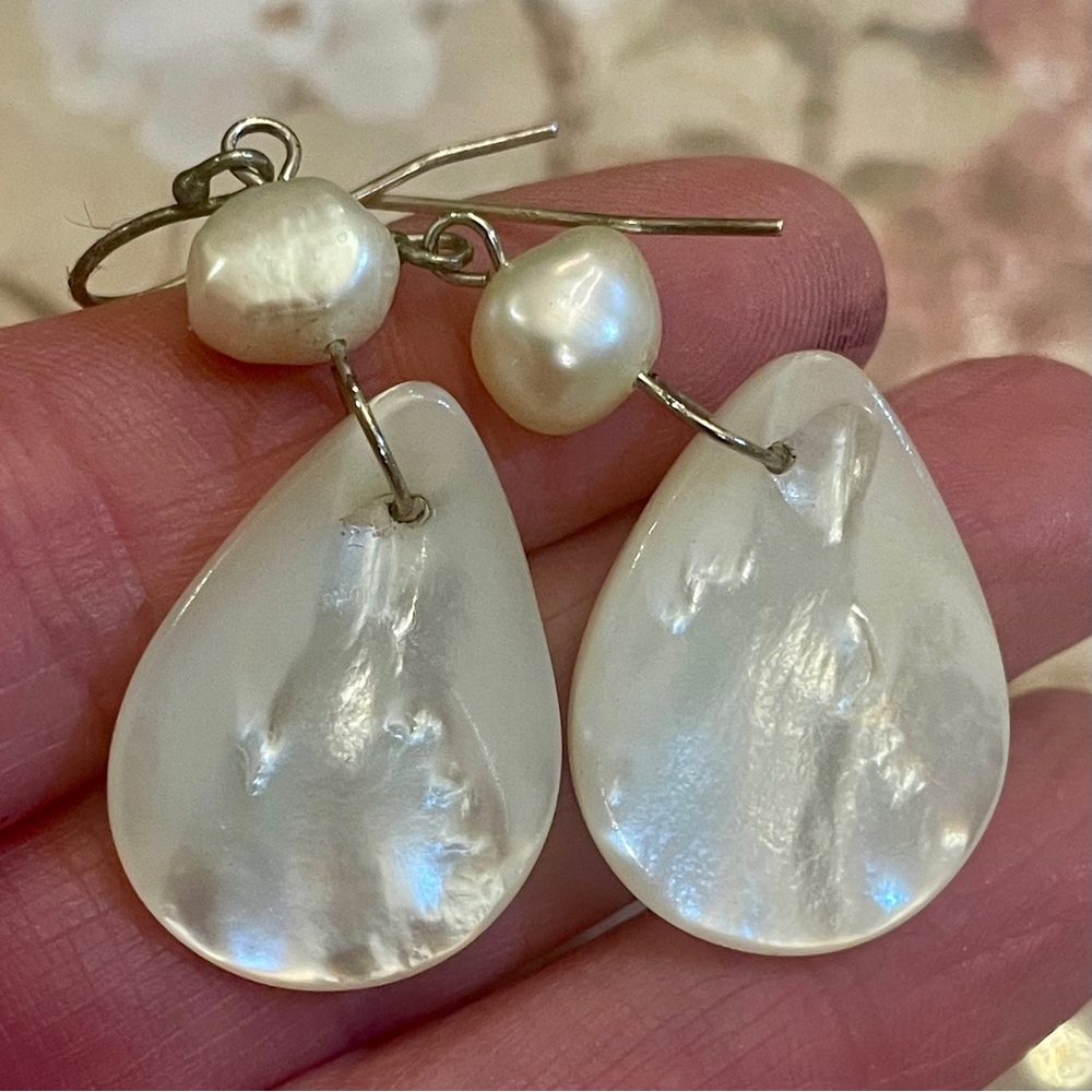 Hand Crafted MOP Teardrop & Baroque Pearl Earrings - Picture 2 of 2
